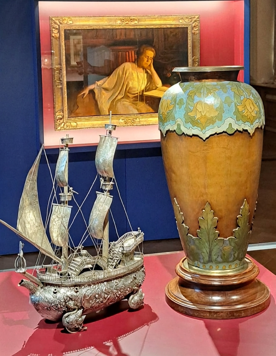 WhatsApp Image 2026-09-08 at 22.06.33 (22) A decorative ship model made of silver with sails, positioned next to a large, intricately designed vase featuring floral patterns and a wooden base. In the background, a framed painting depicts a woman resting her head on her hand.