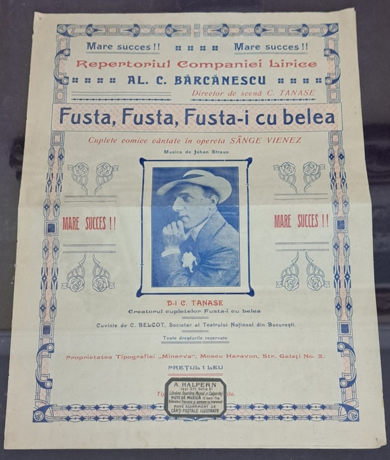 A vintage theatrical poster featuring a portrait of a man in a suit and hat, promoting the performance 'Fusta, Fusta, Fusta-i cu belea' composed by Johan Strauss and directed by C. Tanase. The poster includes decorative borders and the text 'Mare succes!!' highlighted multiple times.