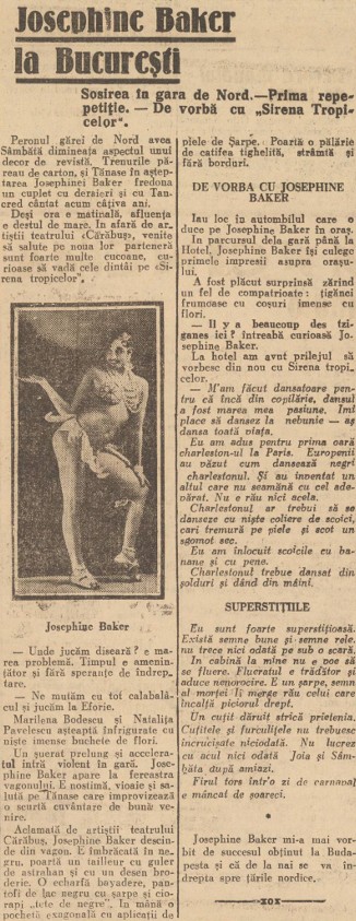 A vintage newspaper article featuring Josephine Baker, highlighting her performance in Bucharest, Romania. The article includes a photo of Baker with a descriptive text discussing her show and its impact.