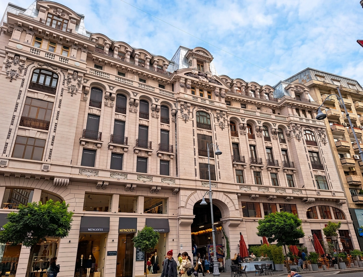 Historic building with ornate architecture and large windows, featuring a central archway and decorative details, surrounded by trees and people in an urban setting.