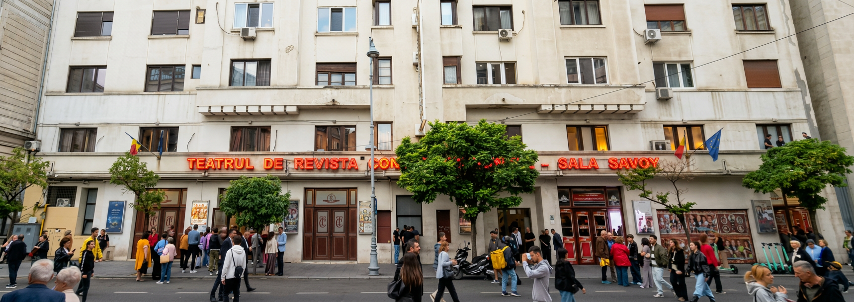 A busy street scene in front of a theater building, with vibrant signage reading 'Teatrul de Revista Savoy.' People are gathered outside, and trees line the street.