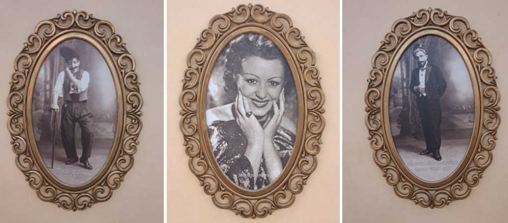 Three vintage black and white portraits in ornate frames, featuring a man with a cane, a woman smiling, and a man in a tuxedo.