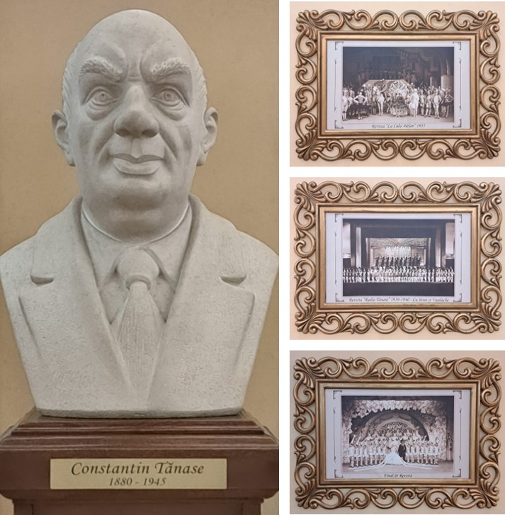 A white marble bust of Constantin Tănase, featuring detailed facial features and dressed in a suit, accompanied by a nameplate displaying his name and dates 1880-1945. To the right are three vintage black and white photographs displayed in ornate frames, showing historical performances and groups.