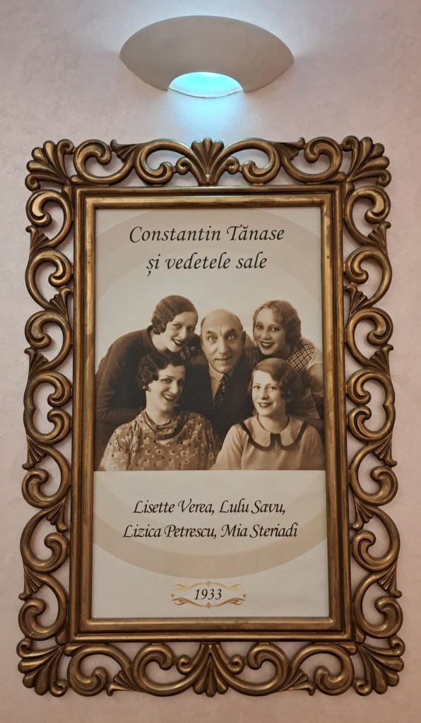 A framed vintage photograph of Constantin Tănase with four women, labeled with their names: Lisette Verea, Lulu Savu, Lizica Petrescu, and Mia Steriadi, dated 1933.